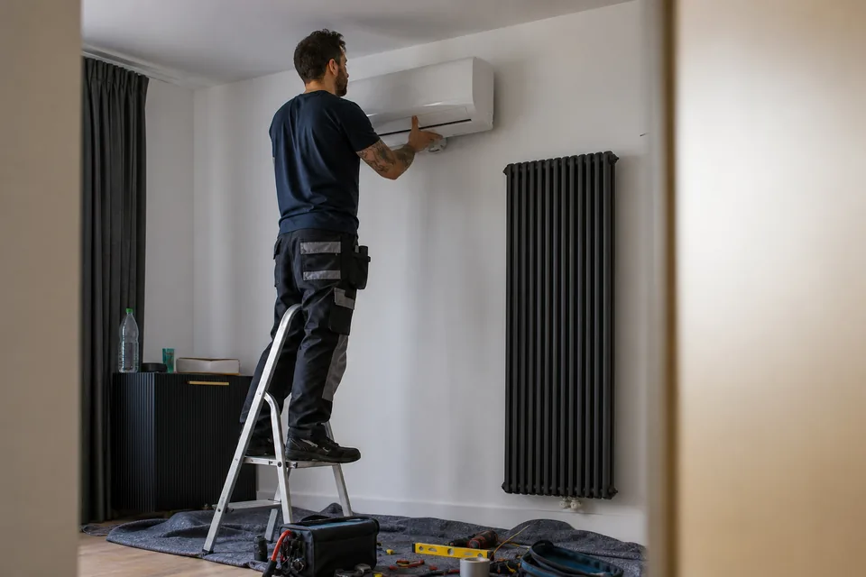Monter zawiesza jednostkę wewnętrzną klimatyzatora na ścianie salonu w mieszkaniu