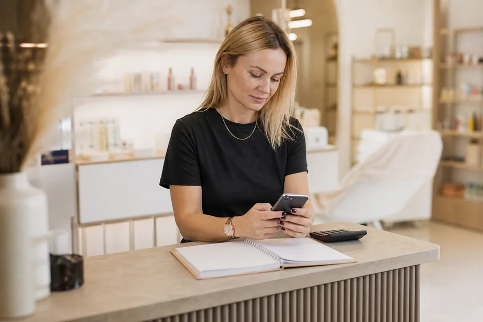 Właścicielka salonu kosmetycznego sprawdza rezerwacje z reklamy na telefonie przy recepcji