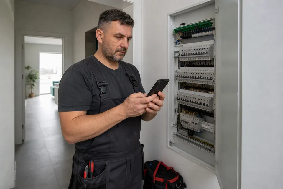 Elektryk przy rozdzielnicy w domu czyta nowe zapytanie od klienta na telefonie