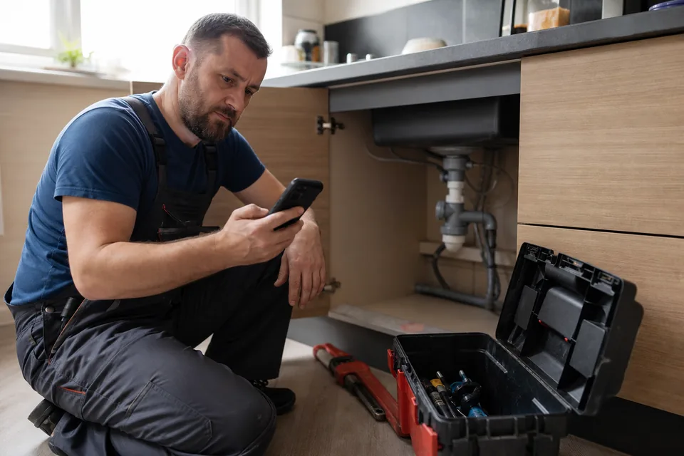 Hydraulik przy szafce pod zlewem sprawdza nowe zapytanie od klienta na telefonie