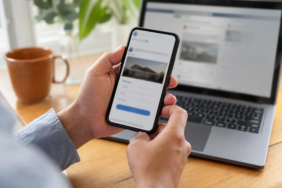 Telefon z reklamą i formularzem kontaktowym obok laptopa