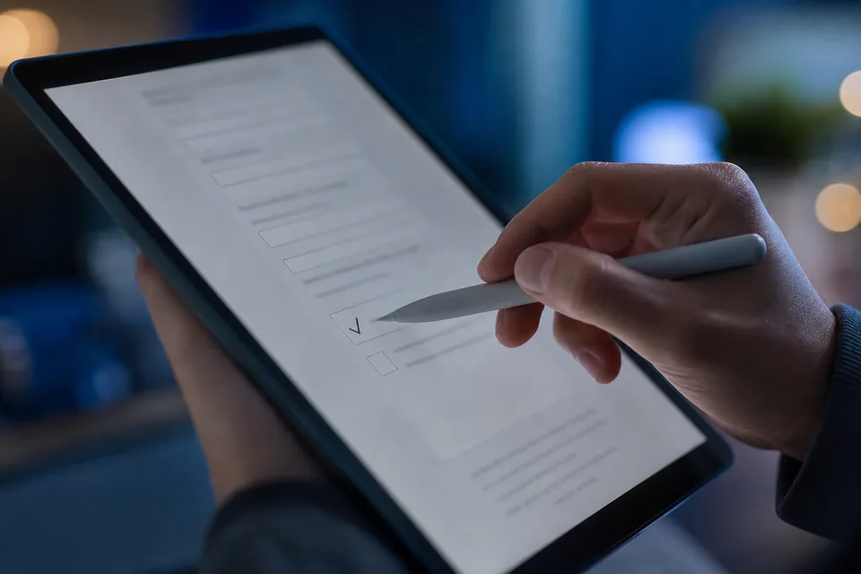 Klient zaznacza zgodę w formularzu na tablecie